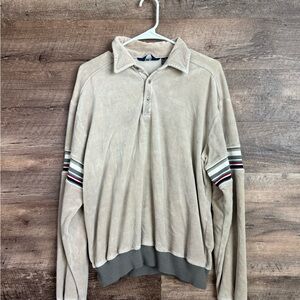 Beige Collared Velvet 80s Sweatshirt with Striped Sleeves